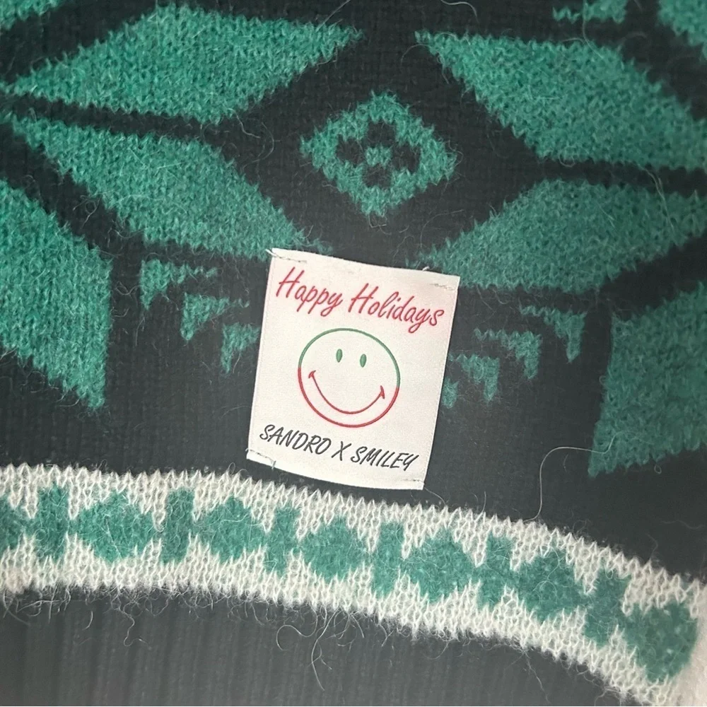 NWT Sandro Green & Black Wool Smiley Intarsia Sweater